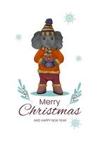 Christmas and New Year card. A cute elephant in warm winter clothes stands in the snow with a gift box. Snowflakes on a white background vector