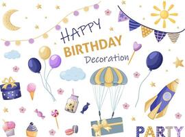 Birthday party decoration elements set. Elements for creating bright cards, invitations to a children's birthday party. Illustration on white background vector