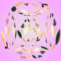 A whimsical arrangement of leaves in various sizes and shapes playfully scattered across a soft pink background vector