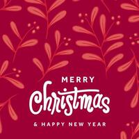 Merry christmas and happy new year greeting card with red background and hand lettering vector