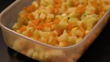 Salad in the foreground of carrots and potatoes video