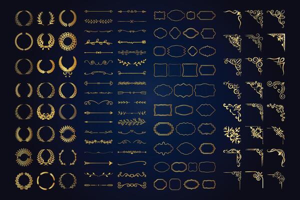 Vintage calligraphic elements. Decorative frames, flourish dividers, borders. Beautiful swirls, sinks decorated with motifs and scrolls. Circle, square and rectangular frames for cards