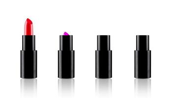 Line of colorful lipsticks in black tubes on mirror surface video