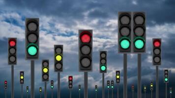 Group of traffic lights with changing colors against clouds video