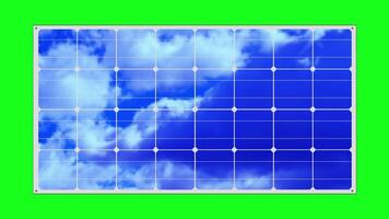 Clouds float in sky reflecting in solar panels on chromakey video