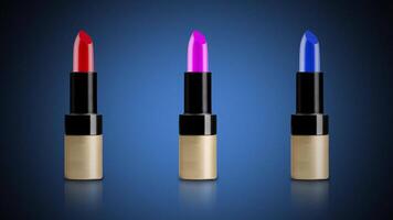 Colorful lipsticks in tubes on mirror surface against blue video