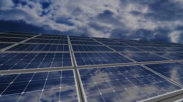 Wide set of solar panels under floating heavy grey clouds video