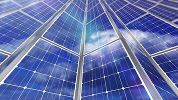 Solar panels with reflection of sky at station on sunny day video