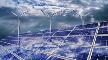 3d models of windmills near solar panels with sky reflection video