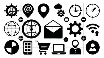 various icons and symbols are shown in black and white vector