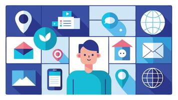 the man is surrounded by icons and icons vector