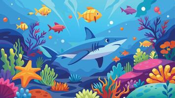 underwater scene with shark and fish vector