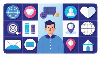 the man is surrounded by icons and icons vector