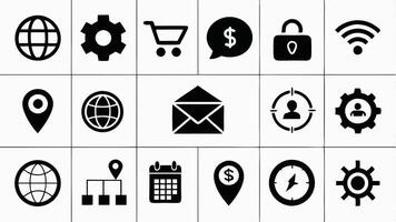a set of icons that include a phone, a computer, a map, and other items vector