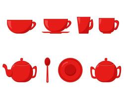 Set of dishes for tea drinking, various cups and teapots for hot drinks vector