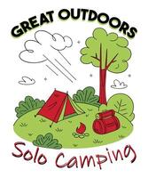 Camping Alone' graphic t-shirt design. Featuring a lone tent under a starlit sky with mountains in the background, this art captures the peaceful essence of solo camping. vector