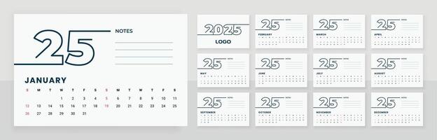 2025 monthly desk calendar template with note vector