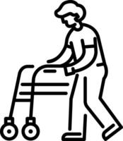 A line icon of a person standing with the help of walker vector
