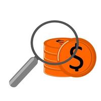 Magnifying glass, and dollar sign coin icon isolated on white background. vector