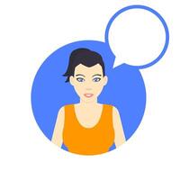 flat style female character with empty speech bubble, girl in orange t-shirt, illustration vector