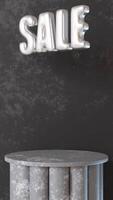 SALE in bold silver 3D letters with reflective metallic finish, placed on textured gray podium, on dark, rustic background. Marketing campaigns, promotions, and e-commerce. Copy space. 3D animation. video