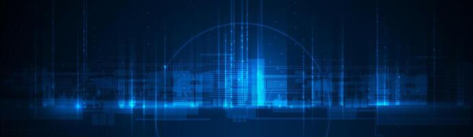 Illustration architecture, cityscape with cyber space, neon light. Modern hi-tech, science, data - datum futuristic technology concept. Abstract digital city, innovation design for background vector