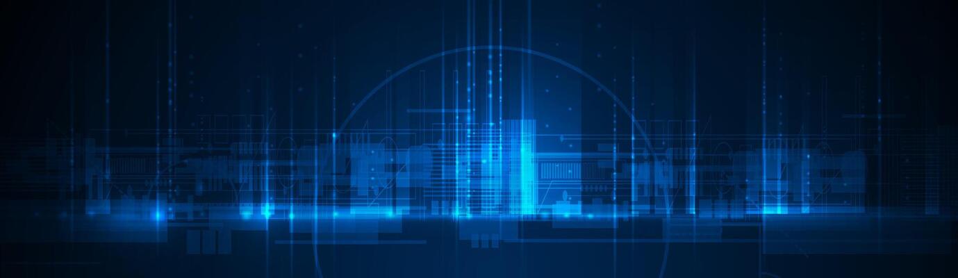 Illustration architecture, cityscape with cyber space, neon light. Modern hi-tech, science, data - datum futuristic technology concept. Abstract digital city, innovation design for background