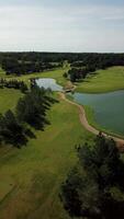Aerial perspective of a stunning golf course showcasing vibrant greenery, tranquil water features, and carefully designed ponds, creating an idyllic setting for golf lovers. Captured in 4K at 50 fps. video