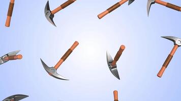 Pickaxe Falling on a Light Background. Realistic Mining Pick Axes 3D Animation. 4K video