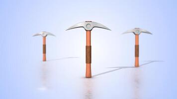 Pickaxes on a Reflective Floor. Realistic Mining Pick Axes 3D Animation. 4K video