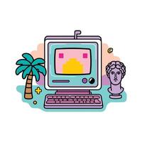 A computer with a palm tree and a statue vector