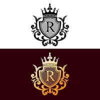 Alphabet Initial R Logo with Luxury Decorative Golden Frame. Elegant Curl Floral Ornament. vector
