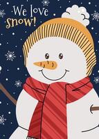 WebChristmas greeting card with a snowman in a hat and scarf on a blue background with snowflakes in a cartoon flat style. illustration for poster, banner, invitation, etc vector