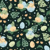 Seamless pattern with cute dinosaurs in an egg in flat style. Endless texture with hatched baby dinosaur and tropical plants. Childish background for fabric, wallpaper, wrapping paper vector
