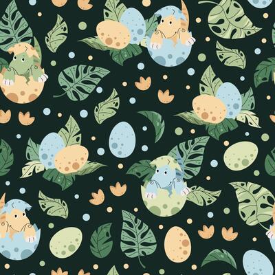 Seamless pattern with cute dinosaurs in an egg in flat style. Endless texture with hatched baby dinosaur and tropical plants. Childish background for fabric, wallpaper, wrapping paper