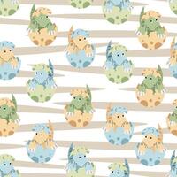 Seamless pattern with cute dinosaurs in an egg in flat style. Endless texture with hatched baby dinosaur on striped background. Childish background for fabric, wallpaper, wrapping paper vector