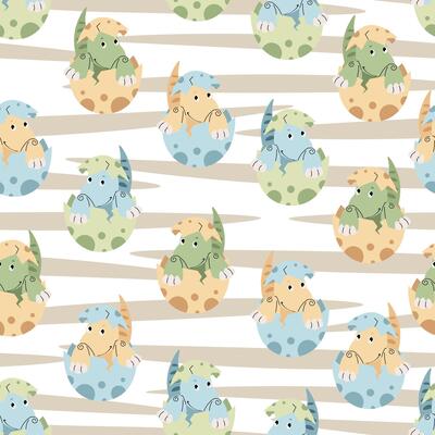 Seamless pattern with cute dinosaurs in an egg in flat style. Endless texture with hatched baby dinosaur on striped background. Childish background for fabric, wallpaper, wrapping paper