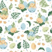 Seamless pattern with cute dinosaurs in an egg in flat style. Endless texture with hatched baby dinosaur and tropical plants. Childish background for fabric vector