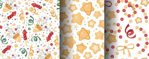 Set of seamless patterns with crackers, streamers, fireworks, stars and bows. festive texture in flat style. Suitable for wallpaper, wrapping paper, fabric, etc vector