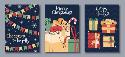 Set of Christmas greeting cards with colorful flags, gift boxes on a blue background in a flat cartoon style. illustration for poster, banner, invitation, etc. vector