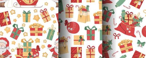 Set of seamless patterns with Santa Claus and gifts. holiday texture in flat style. Suitable for wallpaper, wrapping paper, fabric, etc. vector