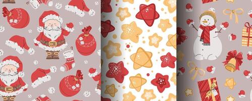 Set of seamless patterns with Santa Claus, stars and snowman. holiday texture in flat style. Suitable for wallpaper, wrapping paper, fabric, etc. vector