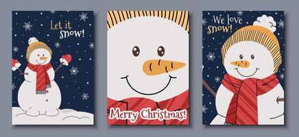 Set of Christmas greeting cards with a snowman in a hat and scarf on a blue background with snowflakes in a cartoon flat style. illustration for poster, banner, invitation, etc vector
