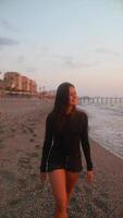 Enjoy a Serene Beach Stroll at Sunset, greeted by the Waves of the Ocean crashing gently video