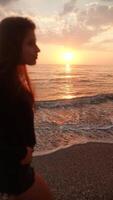 A Beautiful Serene Sunset Over Rolling Waves with Silhouette of a Figure by the Beach video