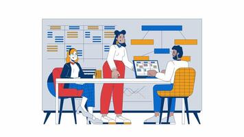 Productive collaboration in meeting room cartoon animation. Business startup analytics 4K motion graphic. Briefing team members diverse animated 2D characters isolated on white background video