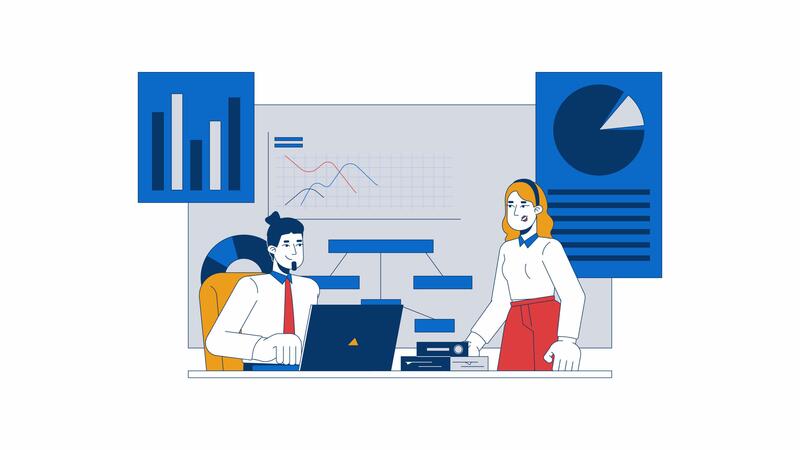 Diverse leaders discussing graphs 2D animation. Finance statistics 4K ...