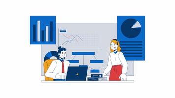 Diverse leaders discussing graphs 2D animation. Finance statistics 4K motion graphic. Chart analyzing cooperation colleagues animated characters cartoon flat concept, white background video