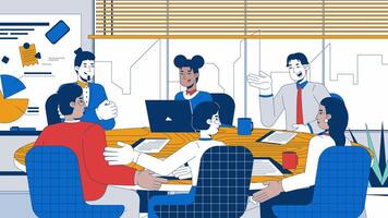 Successful roundtable discussion cartoon animation. Negotiating team colleagues 4K 2D motion graphic. Diverse coworkers at round table brainstorming animated characters on workplace background video