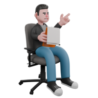 3D Screenwriter Cartoon Design. A Male Screenwriter sits on a work chair with a clipboard in his right hand and his left hand pointing in a certain direction, explaining expression. Illustration png